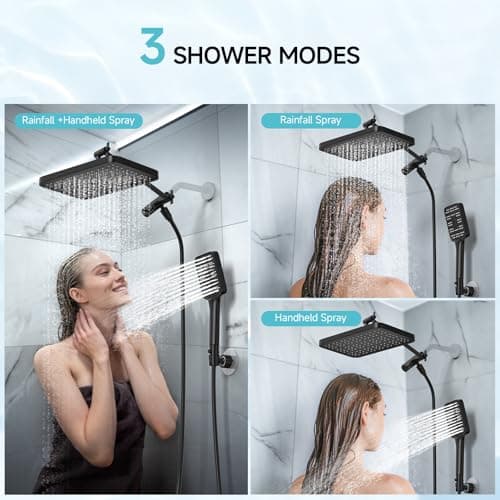 Rain Shower Head with Handheld Spray Combo Set, Adjustable 12" Rainfall Dual Shower Head, Double&Tandem Shower Head, Waterfall Showerhead Bathroom -Matte Black - Thumbnail 4