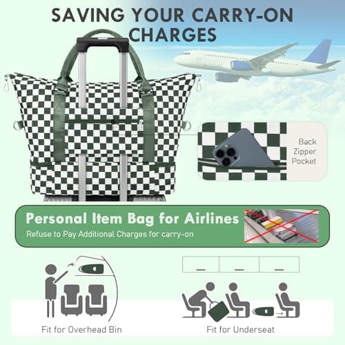 WOOMADA Weekender Overnight Bag for Women, Carry on Shoulder Travel Duffel with Shoes Compartment,Gym Bag with Toiletry Bag(green checkerboard) - Thumbnail 6