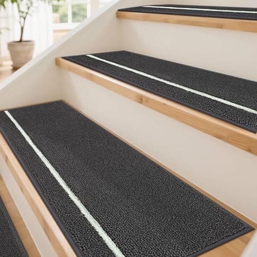 JSEI Stair Treads for Wooden Steps Indoor with Glow in The Dark Stripe, 4 Pack 9" X 28" Non-Slip Washable Carpet Stair Mats with TPE Backing, Polyester Stair Rugs for Kids Elders & Pets, Dark Grey - Image 1