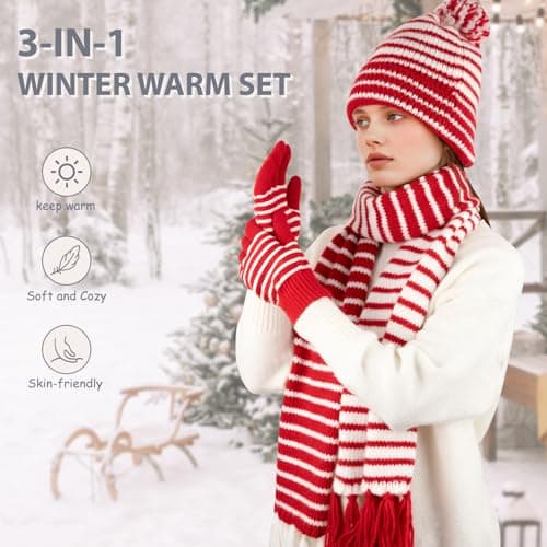 Bodvera Winter Beanie Hat Scarf Gloves Set for Women Warm Fleece Knit Pompom Hat Long Scarf Touchscreen Gloves Winter Sets - Thumbnail 5
