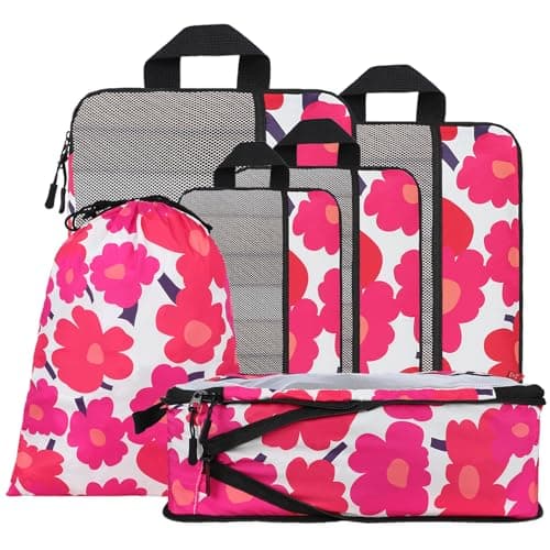 U+U 6 Set Compression Packing Cubes - Ultralight Travel Organizers with Laundry Bag, Space-Saving Suitcase Organizer, Expandable Packing Cubes for Travel, Business Trip and Vacation (Red Flower) - Image 1