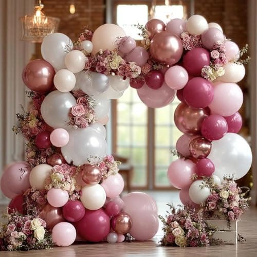 Dusty Rose Pink Balloon Garland Double Stuffed Dark Pink Mauve Pearl White Latex Balloons Blush Cream Balloon Arch Kit for Birthday Bridal Baby Shower Wedding Mother's Day Party Decorations - Thumbnail 2