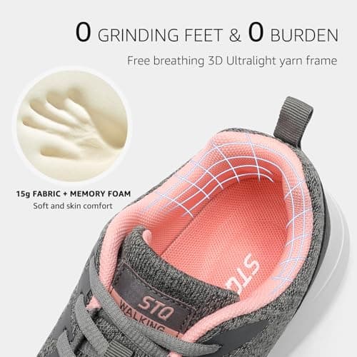 STQ Walking Shoes Womens Tennis Shoes Lace Up Sneakers with Arch Support for Gym Workout Jogging Medium Grey Pink US 8.5 - Thumbnail 5