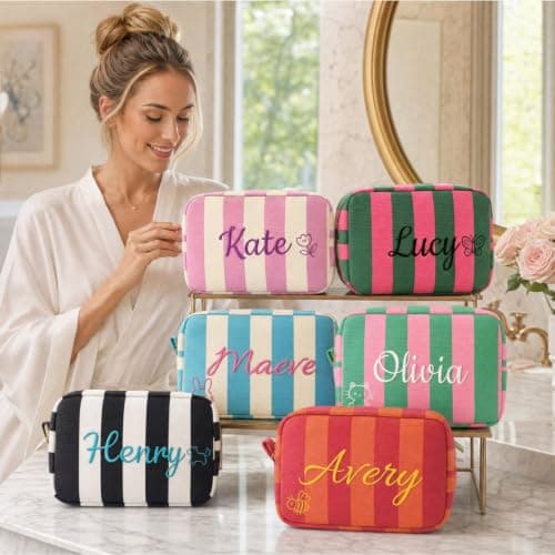 VKPOYNRO Custom Name Makeup Bag, Striped Padded Cosmetic Organizer, Dual-use Travel Toiletry Bag, Large Capacity Zipper Storage Pouch, Elegant Gift for Women - Thumbnail 2