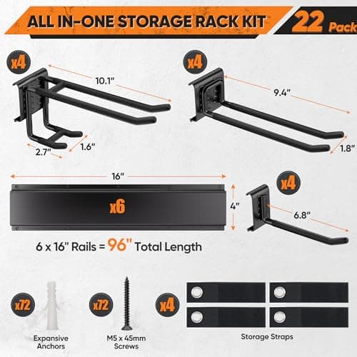 Garden Tool Organizer Wall Mount, 96 inches Tool Storage Rack with Adjustable Hooks, 600lbs Adjustable Heavy Duty Metal Hooks, Yard Shed Rack Holder System Hanging Rake Broom Mop Snowboard, Men Gift - Thumbnail 5