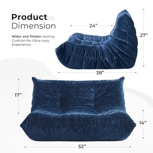 HABUTWAY Bean Bag Chair, Giant Bean Bag Chairs for Adults, Loveseat Fireside Chair, 2 Seater Lazy Bean Bag Sofa Memory Foam Couch for Living Room, Bedroom, Office (Navy Blue) - Thumbnail 2