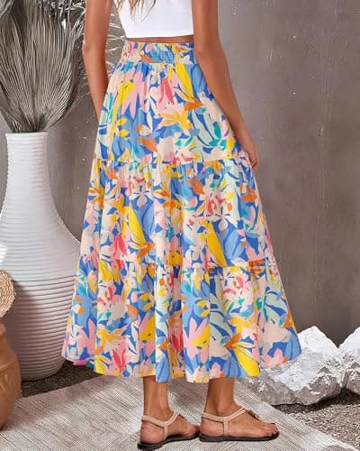 BTFBM Skirts for Women Summer 2026 Floral Print A Line Elastic High Waist Boho Maxi Skirt Spring Fashion Clothing Pocket(Floral Multicolour, X-Large) - Thumbnail 5