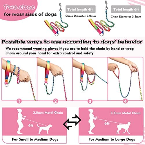 LUFFWELL Heavy Duty Metal Dog Chain Leash with Comfortable PU Leather Padded Handle, Chew Proof for Medium Large Pooch Walking Training (6FT 3.5mm Colorful) - Thumbnail 5