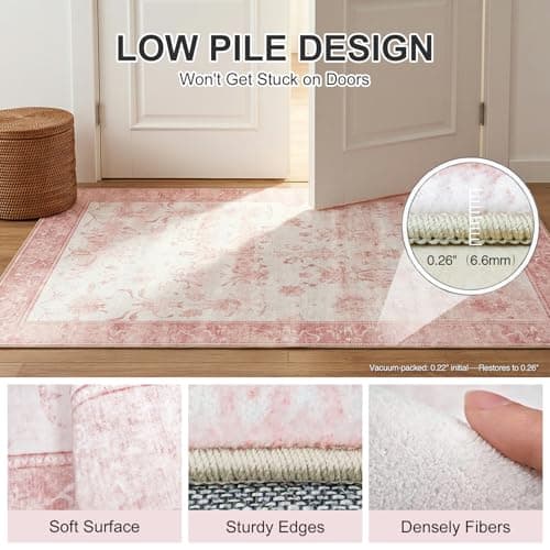Cnythlis Washable Distressed Area Rug 2'x3' - Non-Slip Silicone Backing Door Mat for Entryway Bathroom - 0.26" Low Pile Water Resistant Faux Wool Rug for Vintage Farmhouse Accent, Pink & White - Thumbnail 4