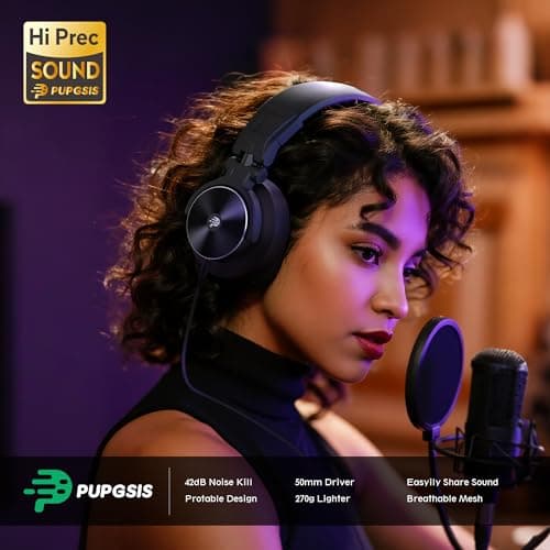 PUPGSIS Wired Over Ear Headphones: Studio Monitor Headphones - Professional 50mm Drivers 40kHz DJ Stereo Headphones - 1/4 to 3.5mm Audio Jack for Recording/Mixing/Podcast/Guitar/Keyboard - Thumbnail 2