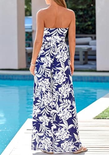 BTFBM Jumpsuits For Women Casual 2026 Floral Strapless Jumpsuit Wide Leg Rompers Beach Vacation Clothes Summer Outfits(Floral Dark Blue White, XX-Large) - Thumbnail 3
