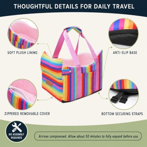 Cullaby Console Dog Car Seat for Small Dogs - Anti-Collapse Center Console Armrest Booster Seat, Sturdy Pet Travel Seat with Safety Tether, Cozy Washable Cushion, Puppy Up to 15lbs (Colorful Stripes) - Thumbnail 6