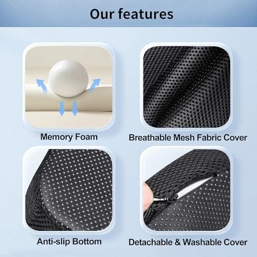 SCOMEE Gel Memory Foam Seat Cushion with Washable Cover Non-Slip Thick Chair Cushion with Portable Handle & Storage Pocket Adjustable Chair Pad for Long Sitting (Black) - Thumbnail 3