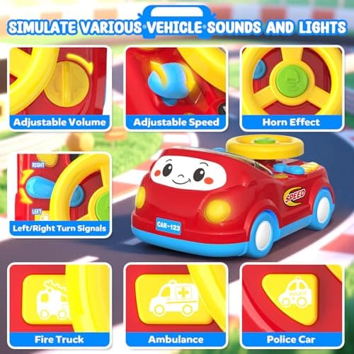 Toys for 1 Year Old Boy Gifts - 2-in-1 Toddler Push Car & Musical Racing Adventure Steering Wheel Driving Game, Interactive Simulated Driving Car for Baby 12-18 Months, Birthday Gift Ages 1-2, Red - Thumbnail 5