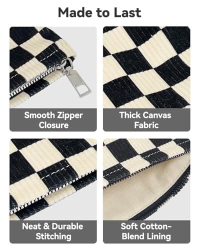 fahombag 2 Pcs Checkered Makeup Bag Set Corduroy Cosmetic Pouch for Women Large & Small Cute Preppy Aesthetic Black And White Travel Toiletry Pouch Organizer for Purse Skincare Brushes - Thumbnail 4