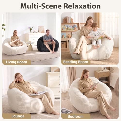 HUGHEAVEN Large Bean Bag Chairs for Adults, Adult Bean Bag Chair with Back Support, Reading Chair for Bedroom, Beige - Thumbnail 4
