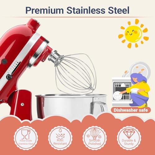 Whisk Attachment Stainless Steel Wires Whip Dishwasher Safe K45WW Parts Fits 4.5 Quart and 5 QT KitchenAid Tilt-Head Stand Mixer - Thumbnail 2