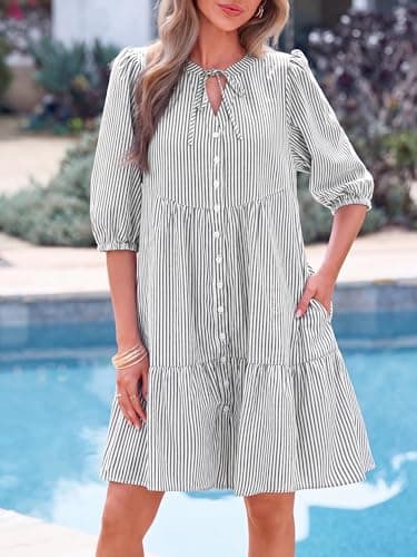 BTFBM Womens Summer Dresses 2026 Striped Mini Dress Half Sleeve Button Down Casual Flowy Beach Vacation Outfits Pockets(Black, X-Large) - Thumbnail 4