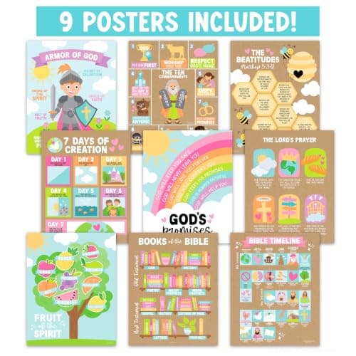 Hadley Designs Sunday School Decorations for Classroom –9 Bible Posters for Kids, Books of the Bible, 10 Commandments, Bible Timeline Chart, Fruits of the Spirit, Kraft Christian Classroom Decor - Thumbnail 3