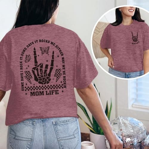 YHHR Mama Shirt Mom Life Crewneck T-Shirts Funny Mama Skeleton Rocker Graphic Tee Summer Pullove Mom Tshirts Tops Pink - Thumbnail 4