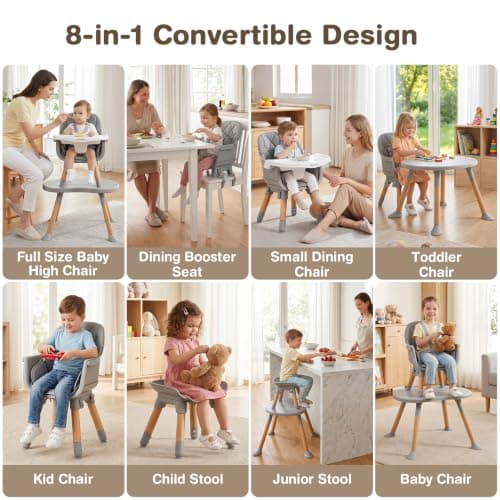 Ezebaby 8-in-1 Baby High Chair, Convertible High Chair for Babies and Toddlers/Booster Seat/Toddler Chair/Table & Chair Set/Kids Stool, Wood Highchair with Removable Tray, Seatbelt, PU Cushion (Gray) - Thumbnail 4