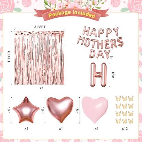Happy Mother's Day Decorations, Rose Gold Pink Peach White Gold Foil Confetti Balloons Gold Butterfly Fringe Curtains for Mother's Day Party Decorations - Thumbnail 3