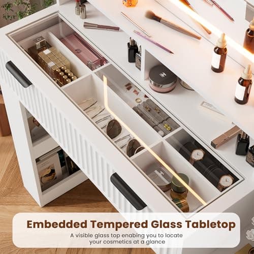 HAIOOU Fluted Vanity Desk with Mirror and Lights,48" Large Makeup Vanity Desk with Charging Station,Dressing Table with 4 Drawers & 3 Open Storage Shelves, Glass Top for Bedroom,Peal White - Thumbnail 5