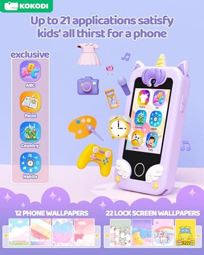 KOKODI Kids Smart Phone Toys, Birthday Gifts Unicorn Toddler Play Phone for Girls 3-10, Touchscreen HD Dual Camera Cell Phone, Travel Toy Preschool Learning Toy for Kids (Purple) - Thumbnail 3