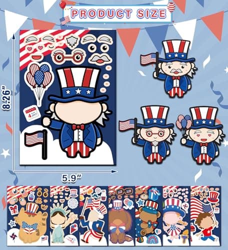 4th of July Outfits for Women - 24Pcs Patriotic Stickers, Make-a-face Stickers,Fourth of July Decorations Accessories Party Favors Supplies for Memorial Day Classroom DIY Crafts Party Decorations - Thumbnail 2