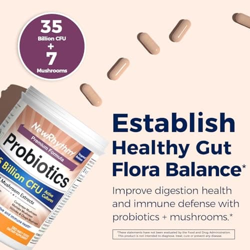 NewRhythm Probiotics 35 Billion CFU, Mushroom Probiotics Supplement for Women & Men, 7 Mushroom Blend 10:1 Extract, Turkey Tail, Reishi, Lion's Mane, Natural Prebiotics, Digestive & Immune, 30 Caps - Thumbnail 2