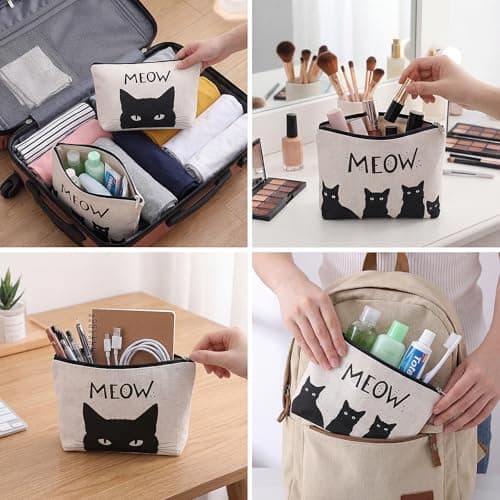 WSICSE 2 Pcs Black Cat Makeup Bags for Cat Lover Gifts, Black Cat Toiletry Bag for Women Teen Girls, Large Zipper Pencil Case for Travel Cash Pen Cosmetics - Thumbnail 4