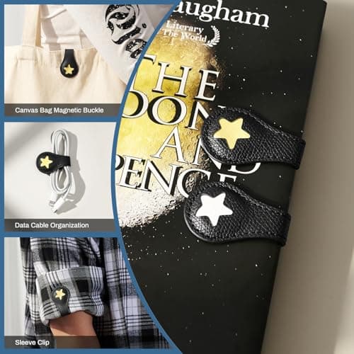 2Pcs Magnetic Leather Bookmarks with Gift Box, Magnetic Pen Holder Book Marks Clip Gift for Book Lover Readers Men Women Teachers Students, Star (Black+Black) - Thumbnail 6