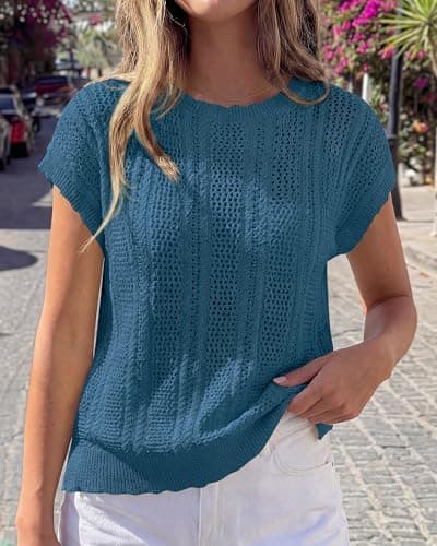 KIRUNDO Crochet Tops for Women Cap Short Sleeve Sweater Vest 2026 Spring Summer Cable Knit Pullover Beach Vacation Outfits(Dusty Blue, Small) - Thumbnail 6