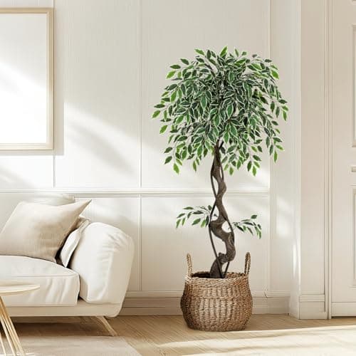 GarveeHome Artificial Ficus Tree for Home Decor Indoor,4 ft Faux Floor Tree White Imitation Ceramic Planter, Indoor Outdoor Lifelike Fake Ficus Tree with Pebbles & Green Fake Moss for Office