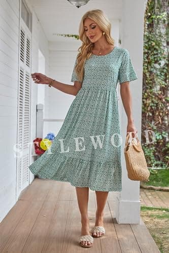 STYLEWORD Women's Summer 2026 Casual Short Sleeve Tiered Flowy Maxi Spring Dress Long Midi Beach Sundress Vacation Hawaiian Outfits(Floral18,S) - Thumbnail 5