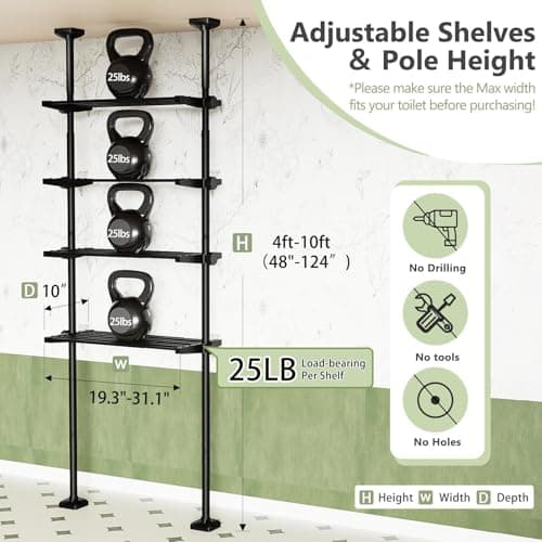 Bonpally Over The Toilet Storage Shelf, 4-Tier Adjustable Bathroom Organizer, No Drill Tension Mounted Shelves, Space-Saving Bathroom Cabinet Rack Above Toilet for Small Rooms, Black - Thumbnail 2