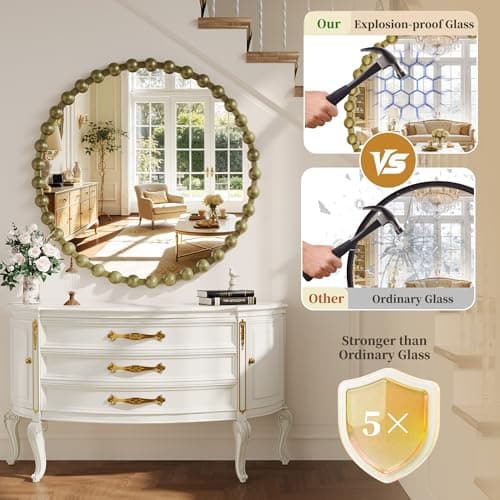 WISSMIELS Round Vintage Vanity Mirror, 24 Inch Beaded Frame Circle Wall Mirror for Bathroom, Bedroom Dresser, Entryway, Living Room, Decorative Hanging Wall Mirror, Bronze - Thumbnail 2