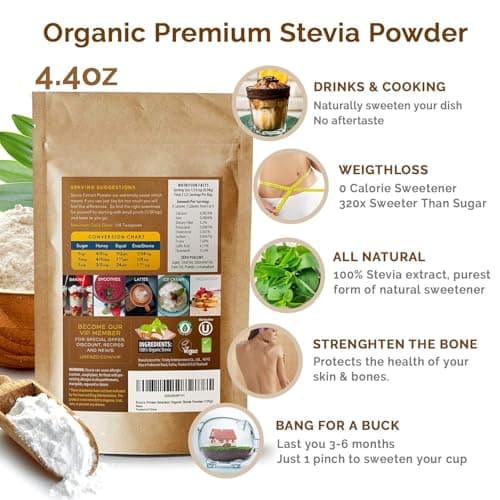 Enzo Organic Stevia Powder 125g (4.4oz / 3125-Servings) - Premium USDA Certified All Natural Alternative-Sweetener 320x Sugar Free Non-GMO 0 Calories Vegan No Aftertaste Kosher - Thumbnail 3
