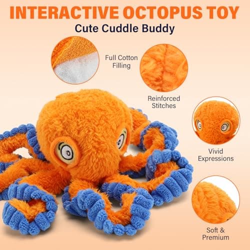 VOXGET Dog Octopus Squeaky Toys, Interactive Tug of War Doggie Toy with Crazy Crinkle for Small Medium Pet Dogs Use, Stuffed Plush Octopus Toy for Puppies Keep Busy Reduce Boredom (Orange, 4" x 4.5") - Thumbnail 6