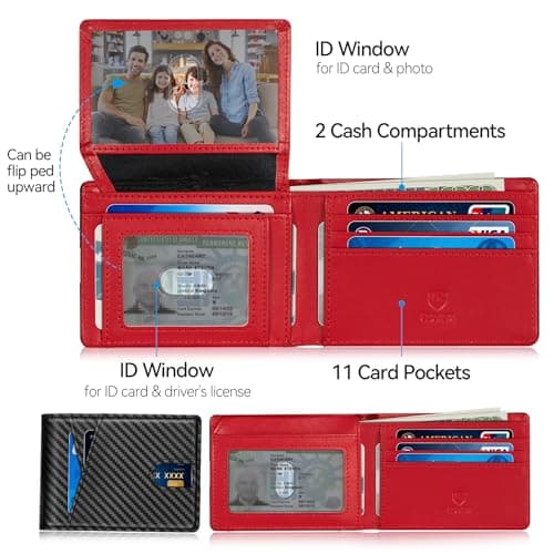 GSOIAX Premium Leather Wallet for Men-Handcrafted Vintage Bifold Wallet with 11 Card Slots,3 ID Windows & 2 Cash Pockets RFID Blocking wallet Gift ideas for Him(Carbon Black+Red) - Thumbnail 2