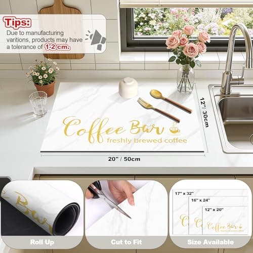 Findosom Dish Drying Mat, 12"x 20" Super Absorbent & Hide Stain Coffee Mat, Cuttable Drying Mat for Kitchen Counter, Coffee Bar Accessories, Under Dish Rack, Coffee Maker, Espresso Machine, White - Thumbnail 2
