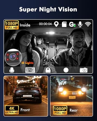 Frvesroe 4K 3 Channel Dash Cam Front and Rear Inside with WiFi 6 & GPS, 4K+1080P+1080P Dash Camera for Cars, FREE 64GB Card, IR Night Vision, 24H Parking Mode,Dashcam for Family & Rideshare Driver(V1) - Thumbnail 3