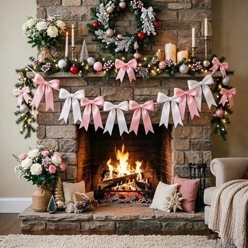 1 Strings Pink White Bow Garland Banner Decorations, Pre-Strung Satin Ribbon Bows for Birthday, Baby Shower, Bridal Shower, Coquette Girls Room, Bow Themed Party, Wedding, Christmas Tree Decorations - Thumbnail 6