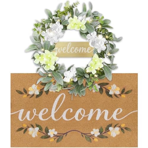 BELIVIUM Welcome Mat Wreath Set with Lights Front Door Greenery Spring Doormat Wreaths All Season Summer Floral Artificial Decor for Porch Entryway Wall Farmhouse Patio Garden Festival 18in - Image 1
