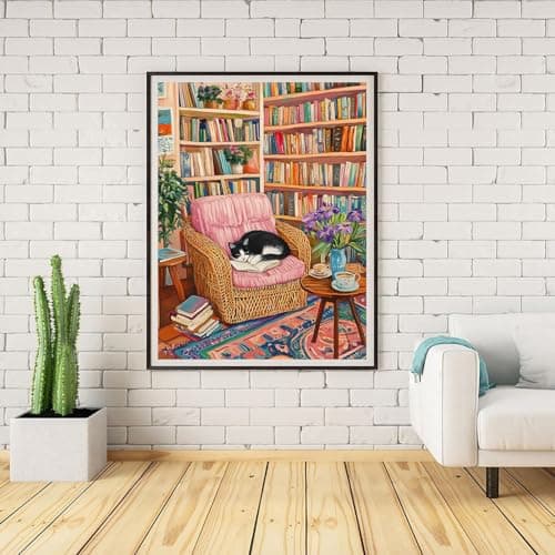 Lophomie Diamond Art Kits for Adults, 5D DIY Book and Cat Diamond Painting for Adults Beginners, Diamond Dots Kits Gem Arts Crafts for Home Wall Decor 12x16 Inch(Bookshelf) - Thumbnail 2