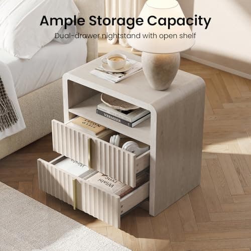 ModernMate Nightstand Set of 2, 23.6" Fluted Night Stand with 2 Drawers, Curve Profile Bedside Table with Solid Metal Handle, Thicken End Side Table for Bedroom, White Alder - Thumbnail 4