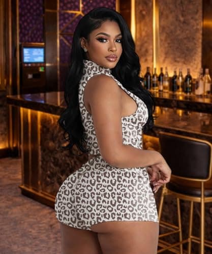 ABKY Sexy Club Outfits for Women Going Out Lapel Zip-Up Crop Tank Top and Skinny Shorts Sets Women 2 Piece Outfit Cheetah Print S - Thumbnail 3