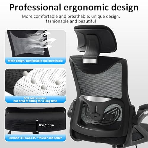 Fizzin Ergonomic Office Chair,Ergonomic Desk Chair with Headrest Mesh Computer Chair with High Back Adjustable Lumbar Support, Rolling Swivel Chairs with Wheel Armrests for Home Office,Black - Thumbnail 4