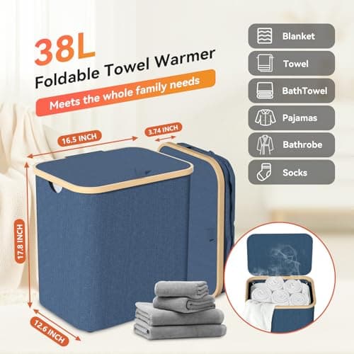 Towel Warmer & Laundry Basket 2-IN-1, Foldable Towel Warmer for Bathroom with Removable Heating Bag, 20/40/60Mins Fast Heating, Auto Shut-Off, Portbale Towel Warmer Fits 3 Large Towels Blankets - Blue - Thumbnail 6