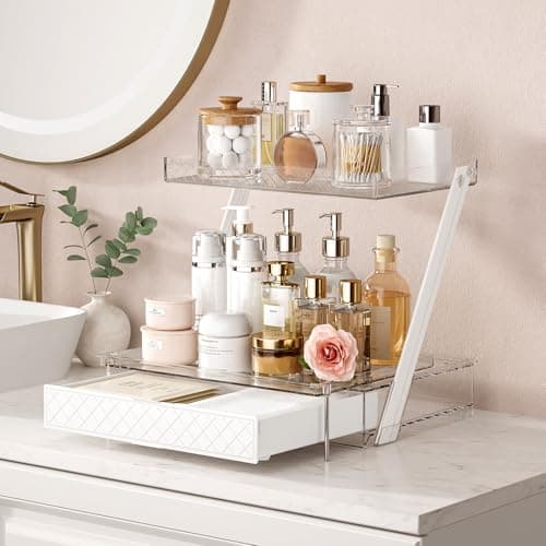 3-Tier Bathroom Countertop Makeup Organizer - Big Make Up Storage with Slide-Out Tray & Bottom Drawer, Transparent Acrylic for Cosmetics Brushes Lipsticks Skincare